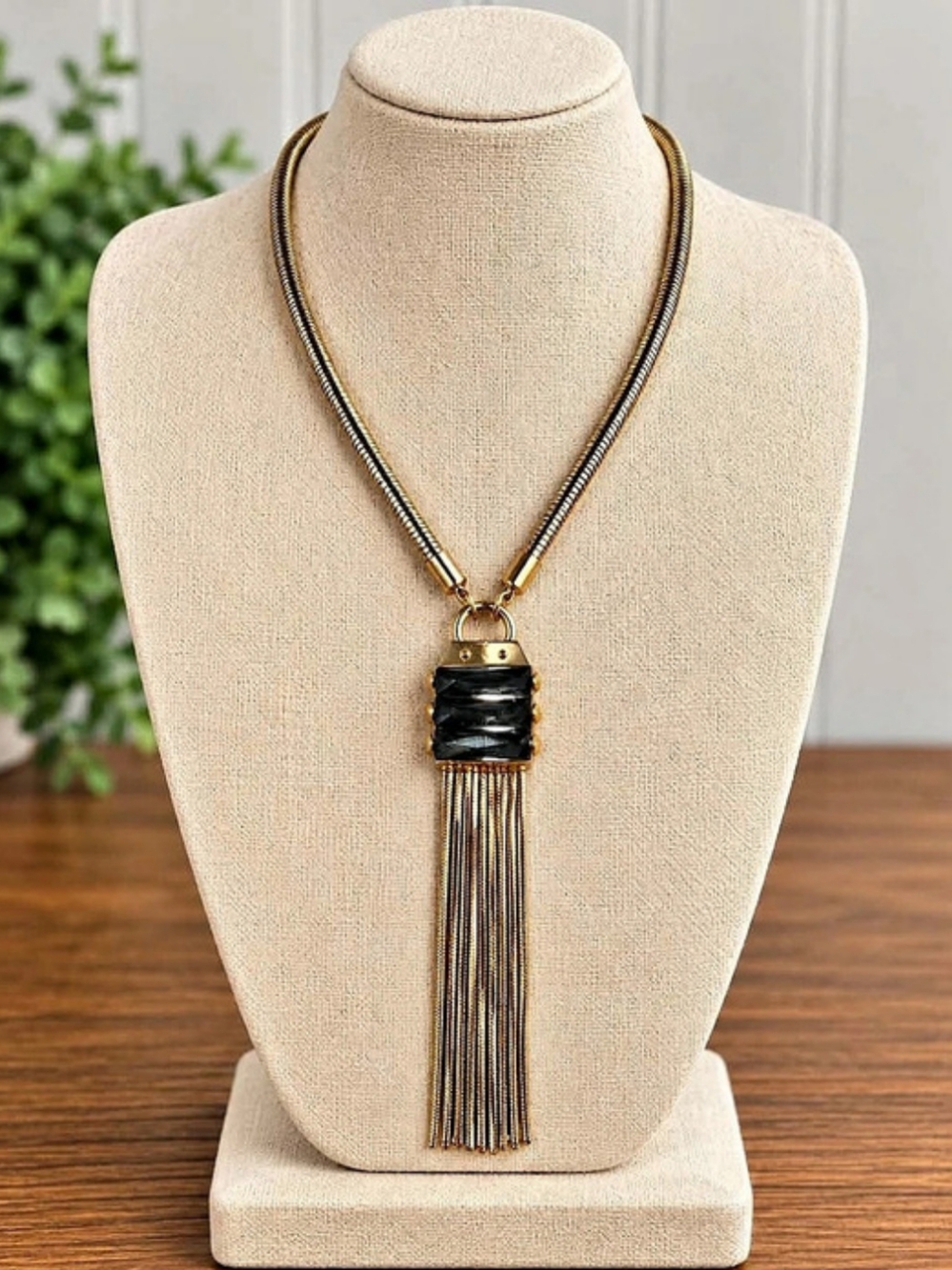 Vince Camuto Gold Tone Black Stone Fringe Tassel Pendant Necklace